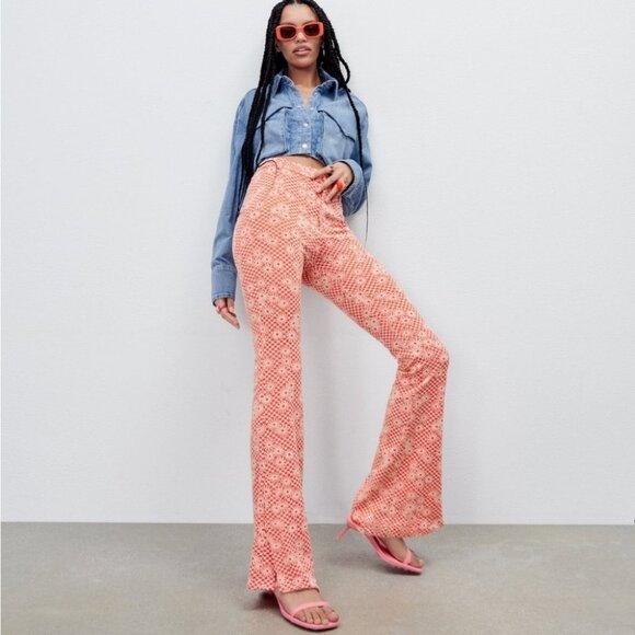 Zara Pants - New Zara funky print stretch spilt hem flared trouser pants leggings size S